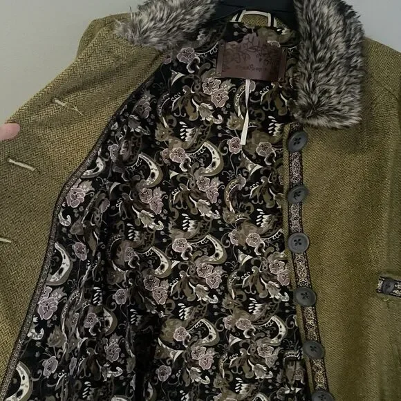 Free People Pea Coat Wool Silk Faux Fur Collar Women's Sz 10 Green Tweed Ribbon - Picture 9 of 16